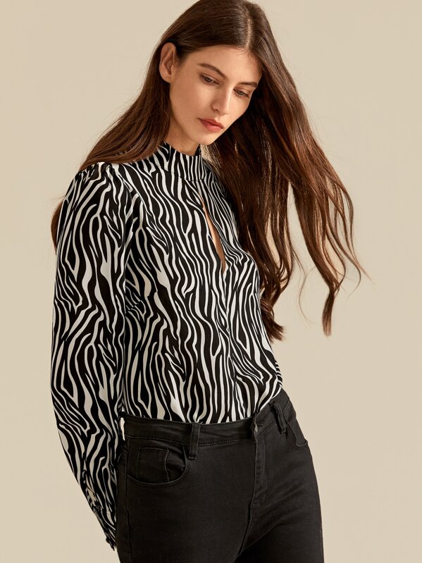 

Premium Keyhole Back Split Front Zebra Striped Blouse, Black and white, Mila