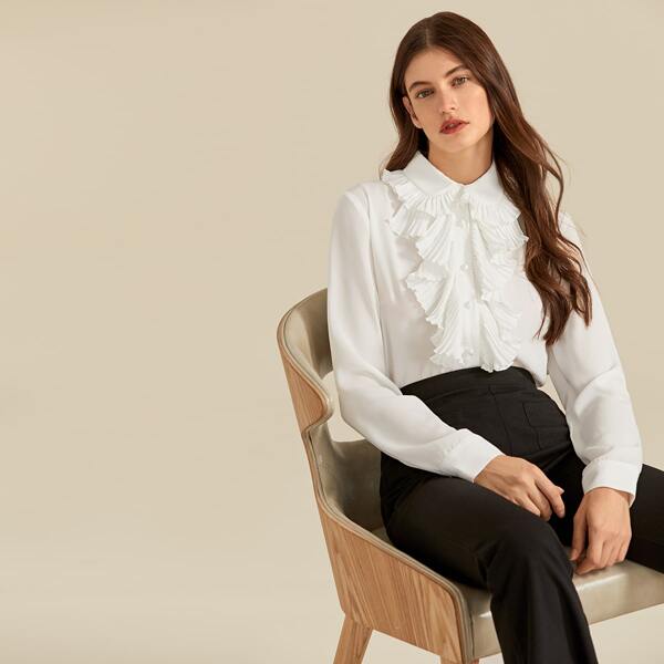 

Premium Buttoned Front Pleated Ruffle Trim Blouse Bodysuit, White