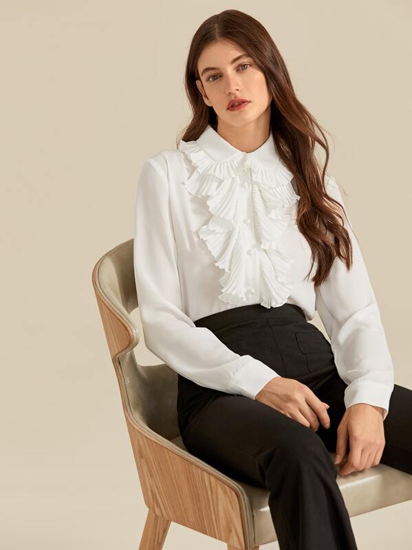 

Premium Buttoned Front Pleated Ruffle Trim Blouse Bodysuit, White, Mila