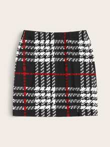 SHEIN Essnce Falda ajustada con estampado de cuadros - Blanco y Negro - Ver 3