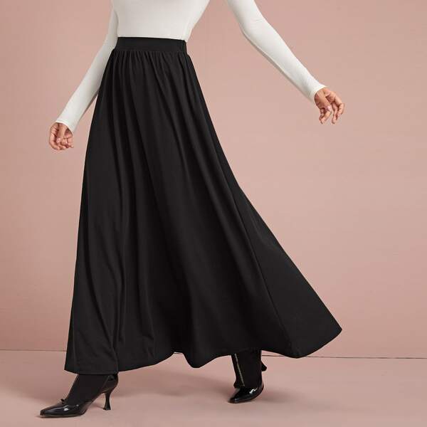 Elastic Waist Solid Maxi Skirt, Black