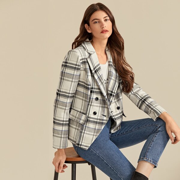 

Premium Buttoned Notched Collar Plaid Blazer, Black and white