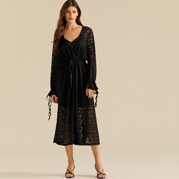 

Surplice Neck Lace Overlay Dress With Satin Cami, Black