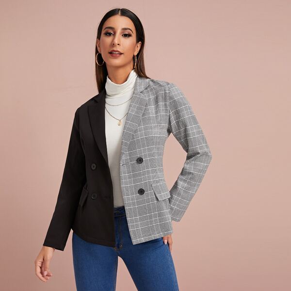 

Notched Collar Double Breasted Plaid Blazer, Multicolor