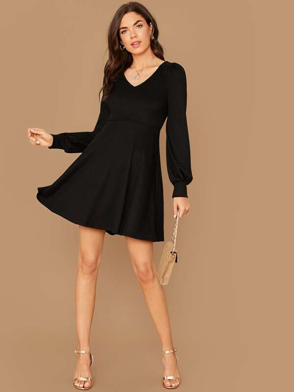 

Lantern Sleeve Rib-knit Dress, Black, Aarika Wolf