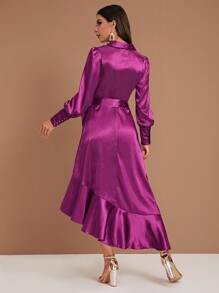 SHEIN 燈籠袖荷葉邊下擺圍裹腰帶緞面洋裝