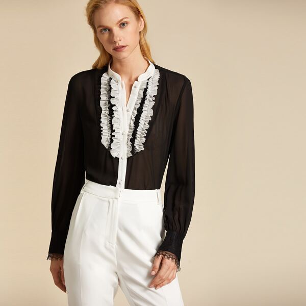 

Premium Eyelash Lace Cuff Frill Trim Sheer Blouse, Black