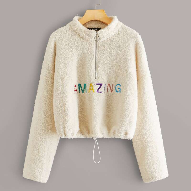 

Embroidered Letter Drawstring Hem Teddy Pullover, Beige pastel