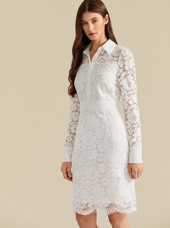 

Collared Buttoned Front Lace Dress, White, Mila