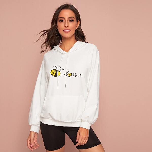 

Cartoon Graphic Pouch Pocket Hoodie, White