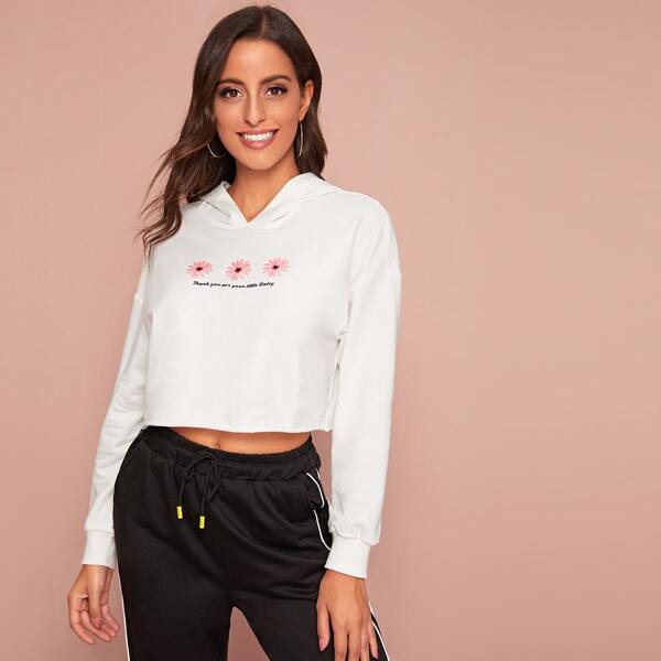 

Flower & Letter Drop Shoulder Crop Hoodie, White