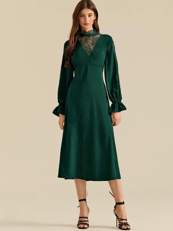 

Premium Mock Neck Flounce Sleeve Lace Insert Dress, Green, Mila