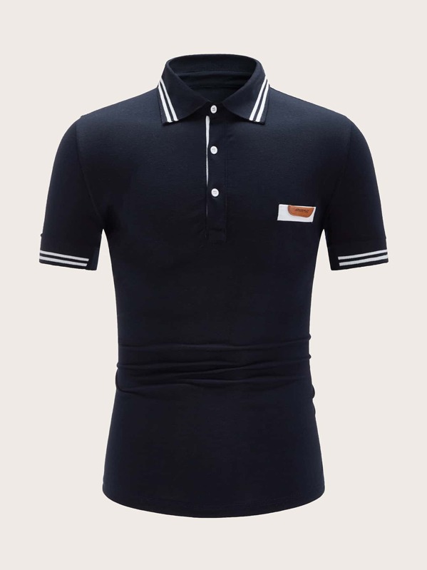 

Men Stripe Trim Letter Patched Polo Shirt, Navy