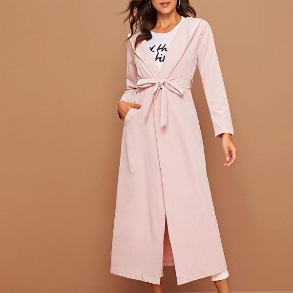 

Solid Self Tie Hooded Coat, Pink