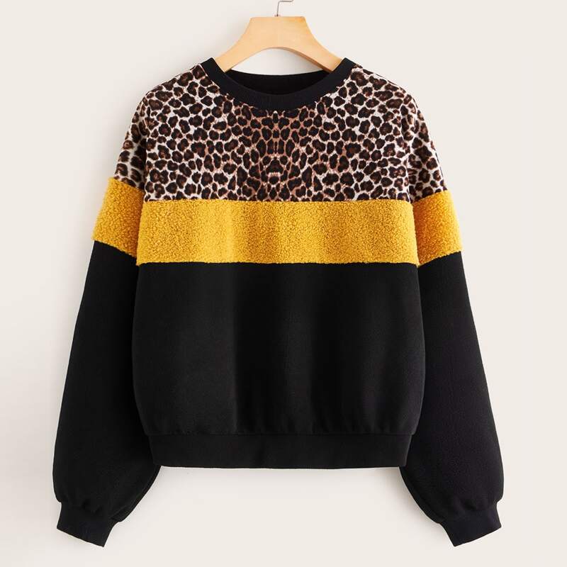 

Cut And Sew Teddy Panel Leopard Sweatshirt, Multicolor