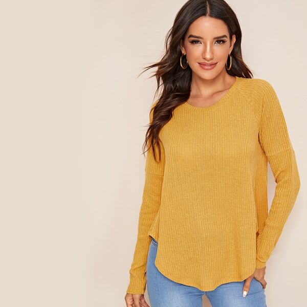 

Raglan Sleeve Curved Hem Rib-knit Top, Yellow