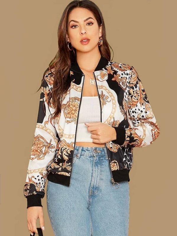 

Scarf Print O-ring Zip Up Bomber Jacket, Multicolor, Christen Harper