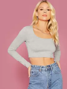 SHEIN Essnce Scoop Neck Form Fitted Crop Tee - Grey - View 1