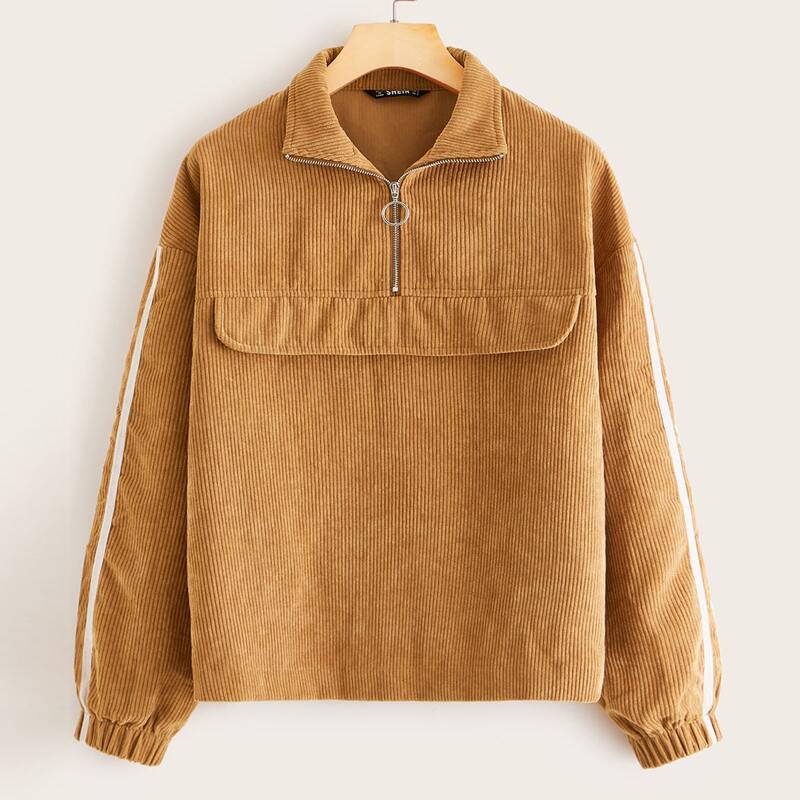 

Striped Side Half Zipper Corduroy Jacket, Camel