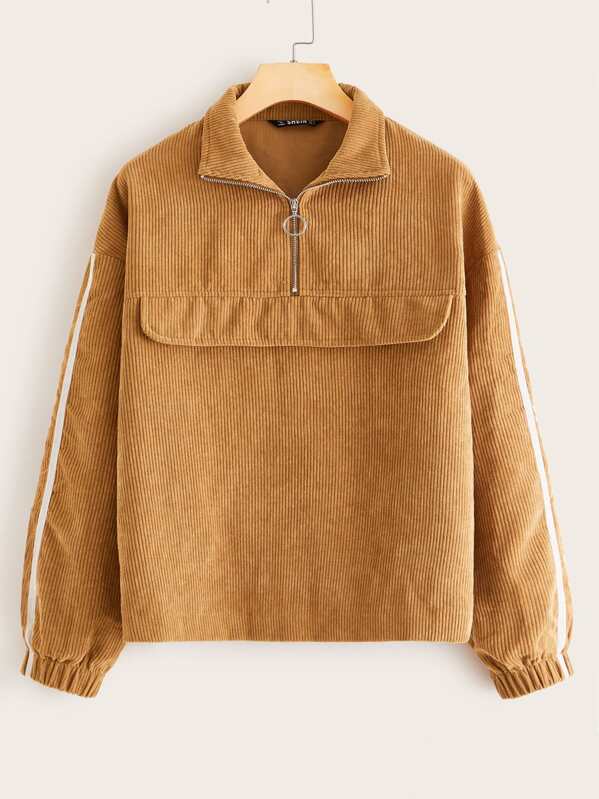 

Striped Side Half Zipper Corduroy Jacket, Camel