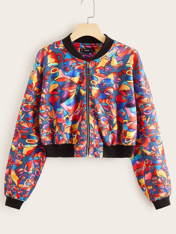 

Allover Print O-ring Zipper Up Bomber Jacket, Multicolor