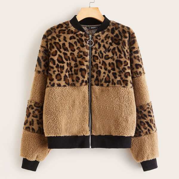 

Leopard Color Block Teddy Bomber Jacket, Multicolor