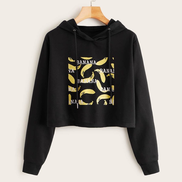 

Banana & Letter Graphic Crop Hoodie, Black
