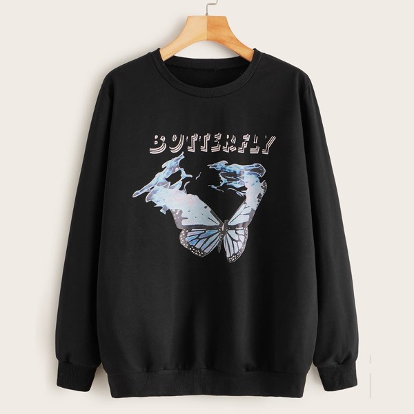 

Butterfly & Letter Graphic Sweatshirt, Black