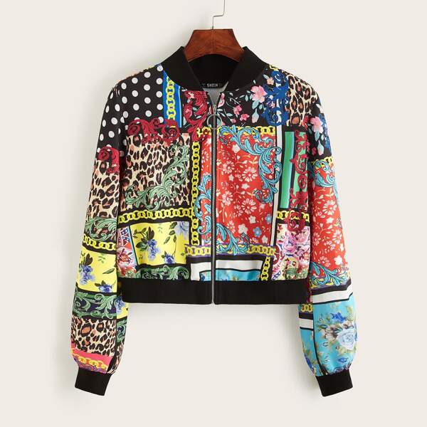 

Patchwork Print Zipper Up Bomber Jacket, Multicolor