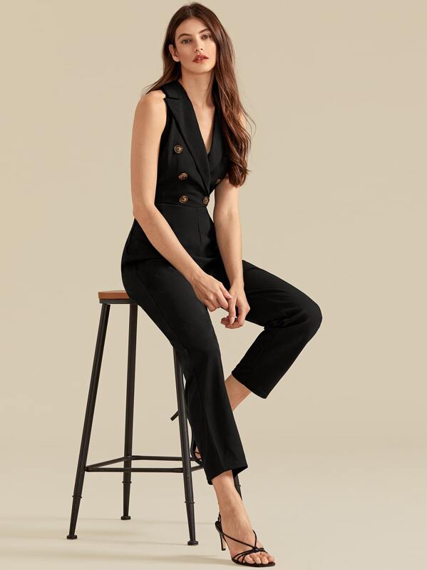 

Premium Peak Collar Double Breasted Shirt Jumpsuit, Black, Mila