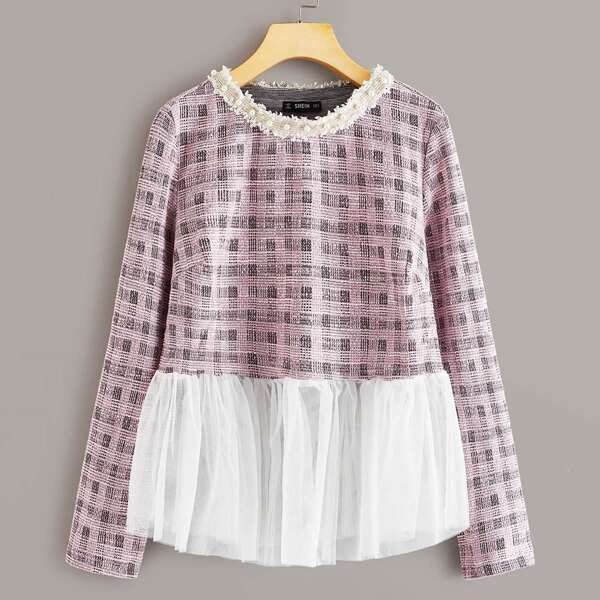

Plaid Pearl Beaded Contrast Mesh Hem Top, Pink pastel