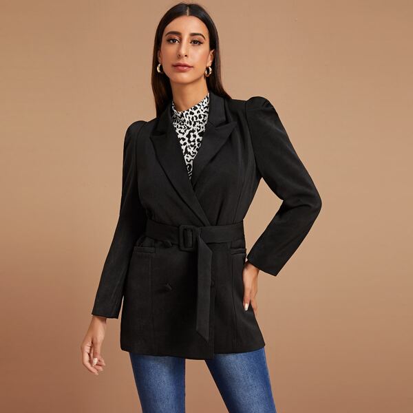 

Self Tie Puff Sleeve Solid Blazer, Black