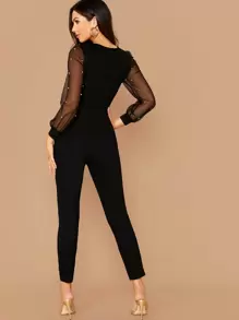 SHEIN Privé Faux Pearl Sheer Mesh Sleeve Jumpsuit - Black - View 2