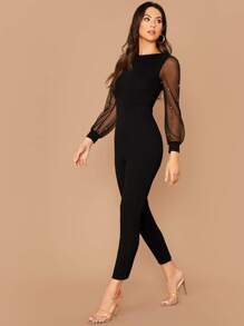 SHEIN Privé Faux Pearl Sheer Mesh Sleeve Jumpsuit - Black - View 3