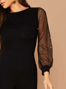 SHEIN Privé Faux Pearl Sheer Mesh Sleeve Jumpsuit - Black - View 4