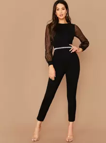 SHEIN Privé Faux Pearl Sheer Mesh Sleeve Jumpsuit - Black - View 5