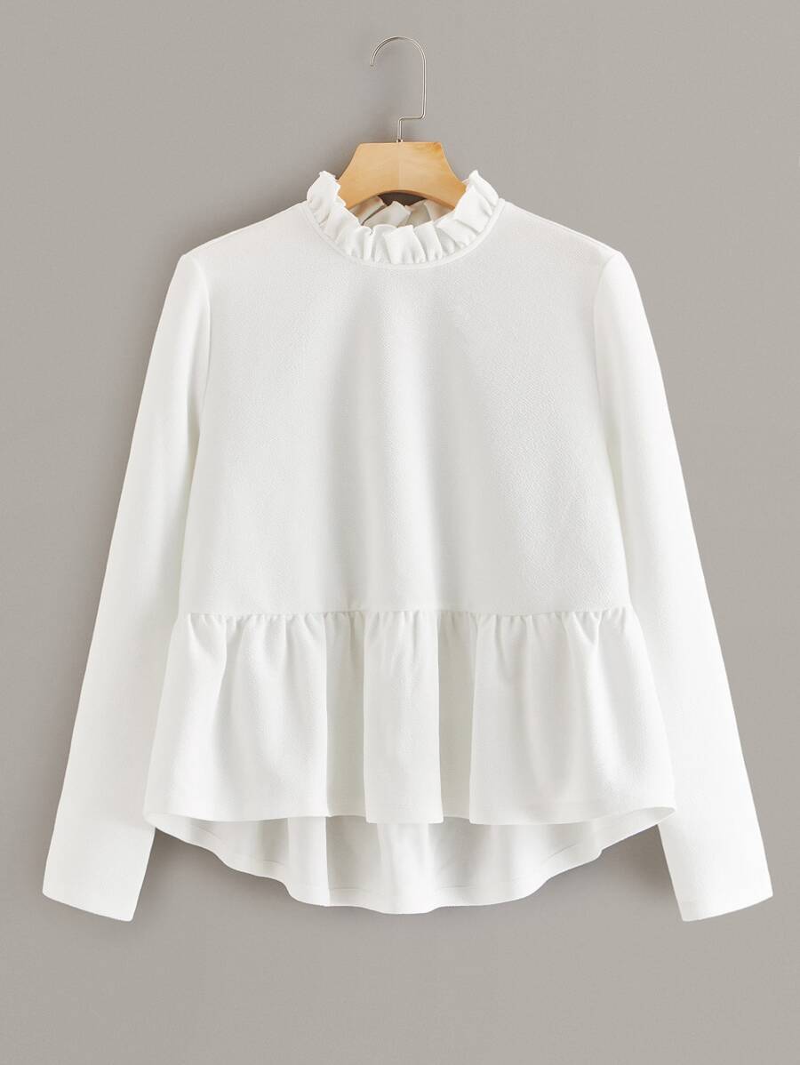 Muchica Frill Trim  Asymmetrical Ruffle Hem Top - White - View 1