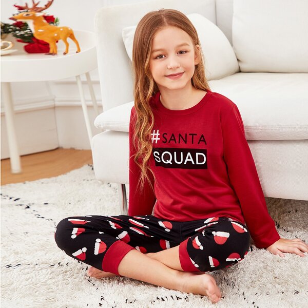 

Christmas Girls Letter & Hat Print PJ Set, Multicolor