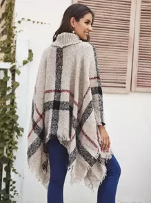 Fringe Hem Plaid Jumper Cape - Beige - View 2