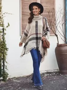 Fringe Hem Plaid Jumper Cape - Beige - View 3