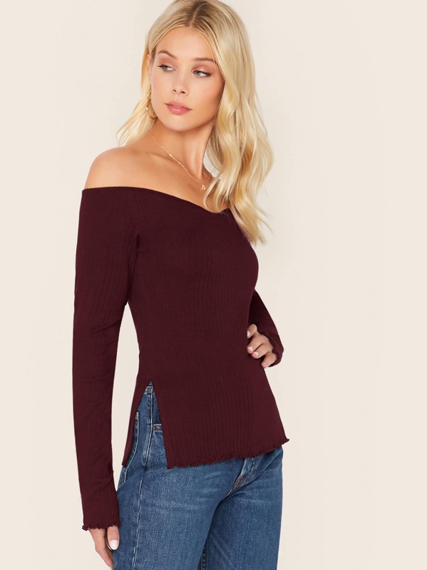 

Off Shoulder Split Hem Top, Burgundy, Allie Leggett