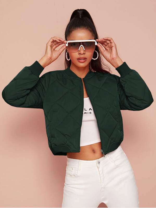 

Zipper Slant Pocket Puffer Bomber Jacket, Green, Tina