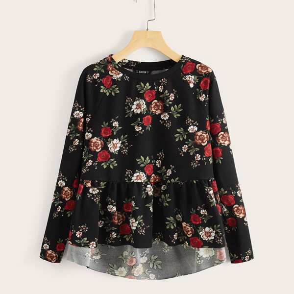 

Floral High Low Ruffle Hem Raglan Sleeve Top, Black