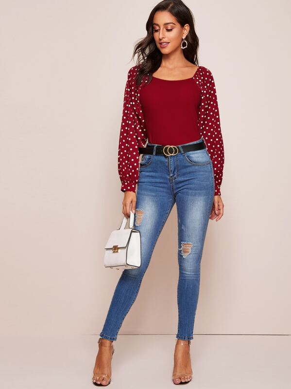 

Polka-dot Raglan Sleeve Top, Burgundy, Mary P.