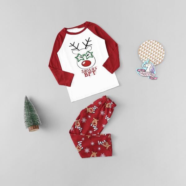 

Christmas Girls Cartoon Reindeer Print PJ Set, Multicolor