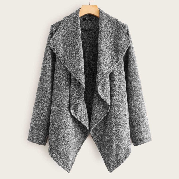 

Waterfall Collar Open Placket Marled Coat, Grey