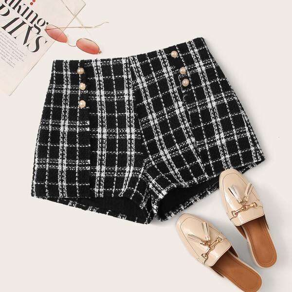 

Double Pearls Breasted Tweed Shorts, Black