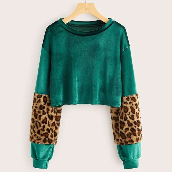 

Velvet Contrast Leopard Panel Crop Sweatshirt, Green