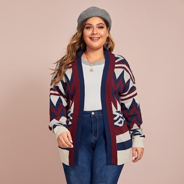 

Plus Open Front Tribal Pattern Cardigan, Multicolor