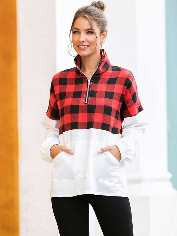 

Contrast Buffalo Plaid Half Zip Kangaroo Pocket Sweatshirt, Multicolor, Tina